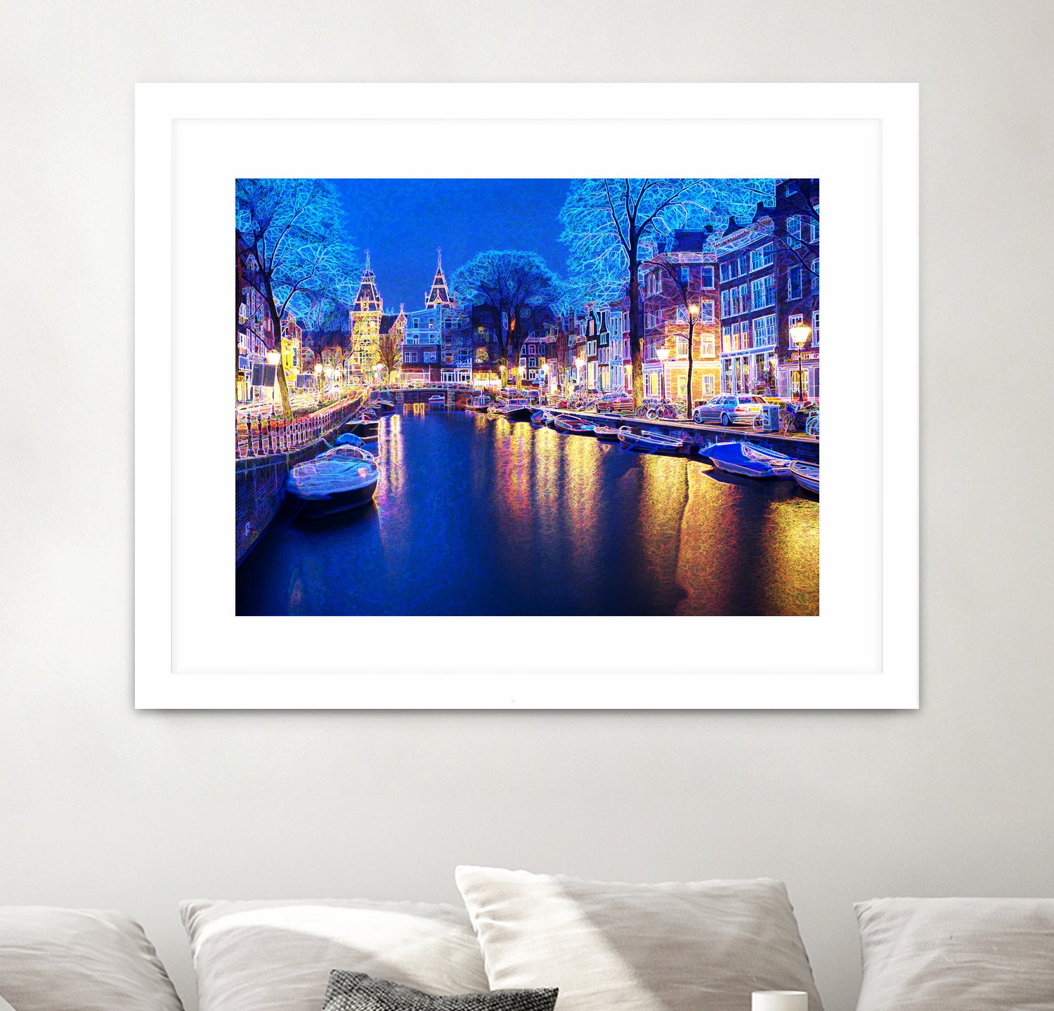 Winter Amsterdam Canal At Night With Boats by Michael Novik on GIANT ART - white photo illustration