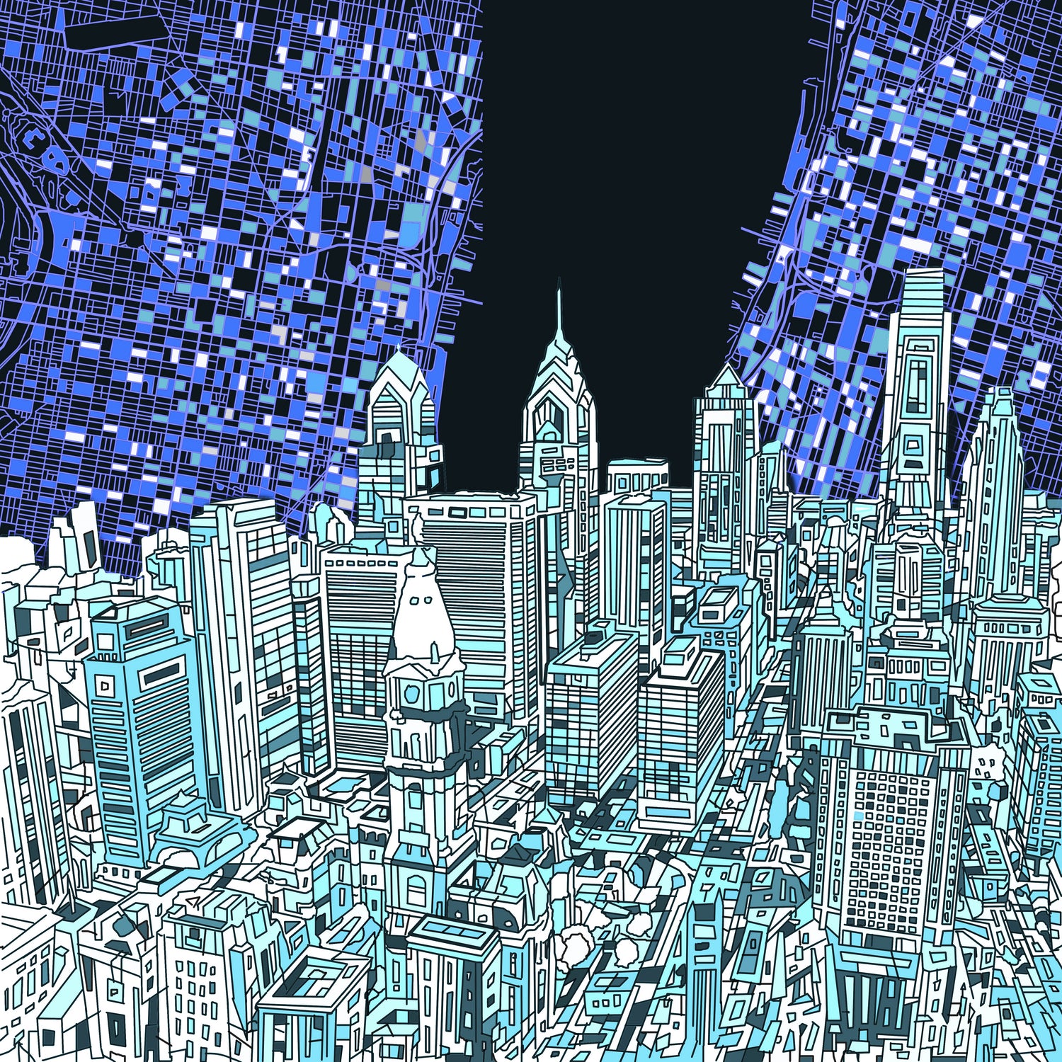 philadelphia cityscape abstract by Bekim Mehovic on GIANT ART - blue digital painting