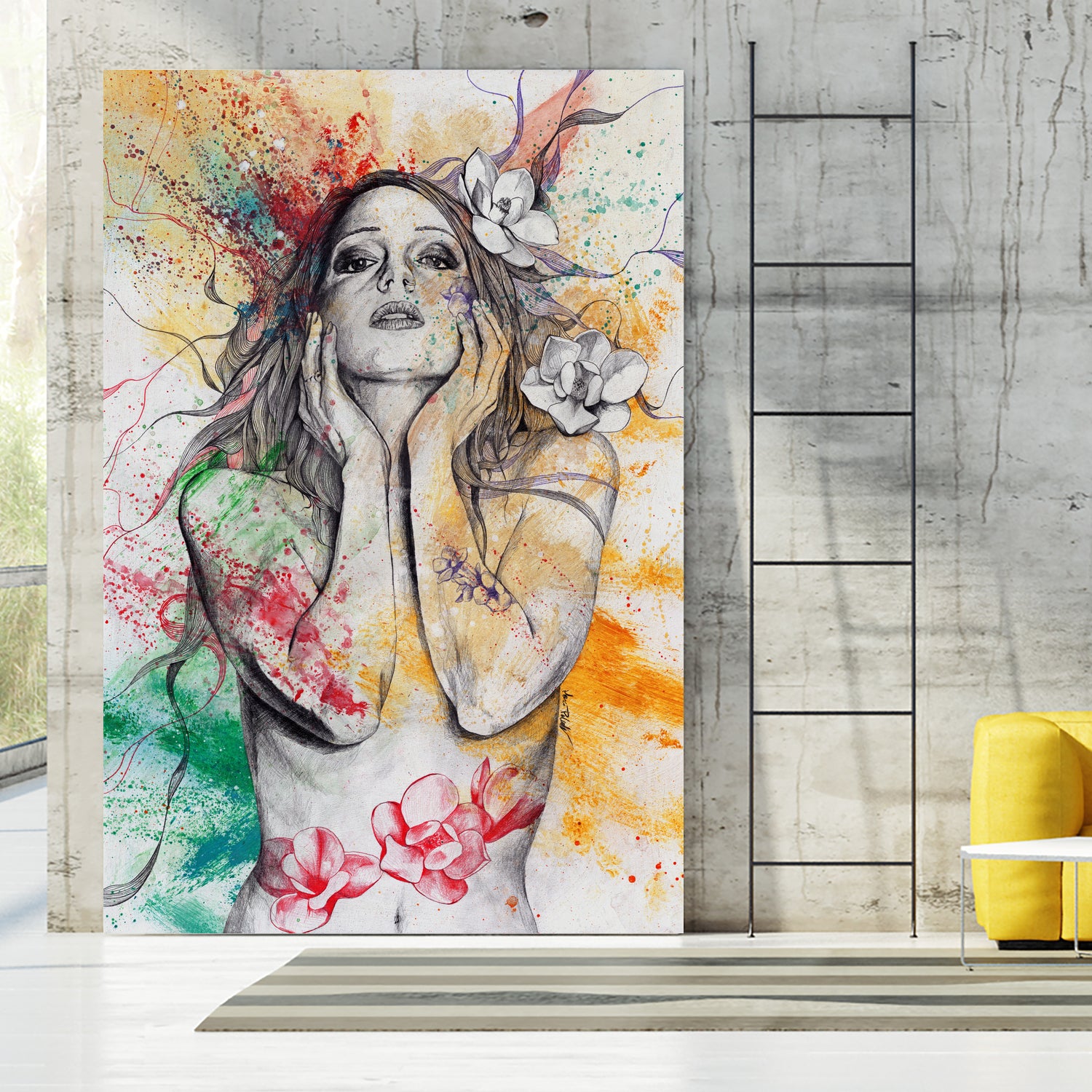 The Withering Spring I | nude tattoo woman portrait by Marco Paludet on GIANT ART - yellow mixed media