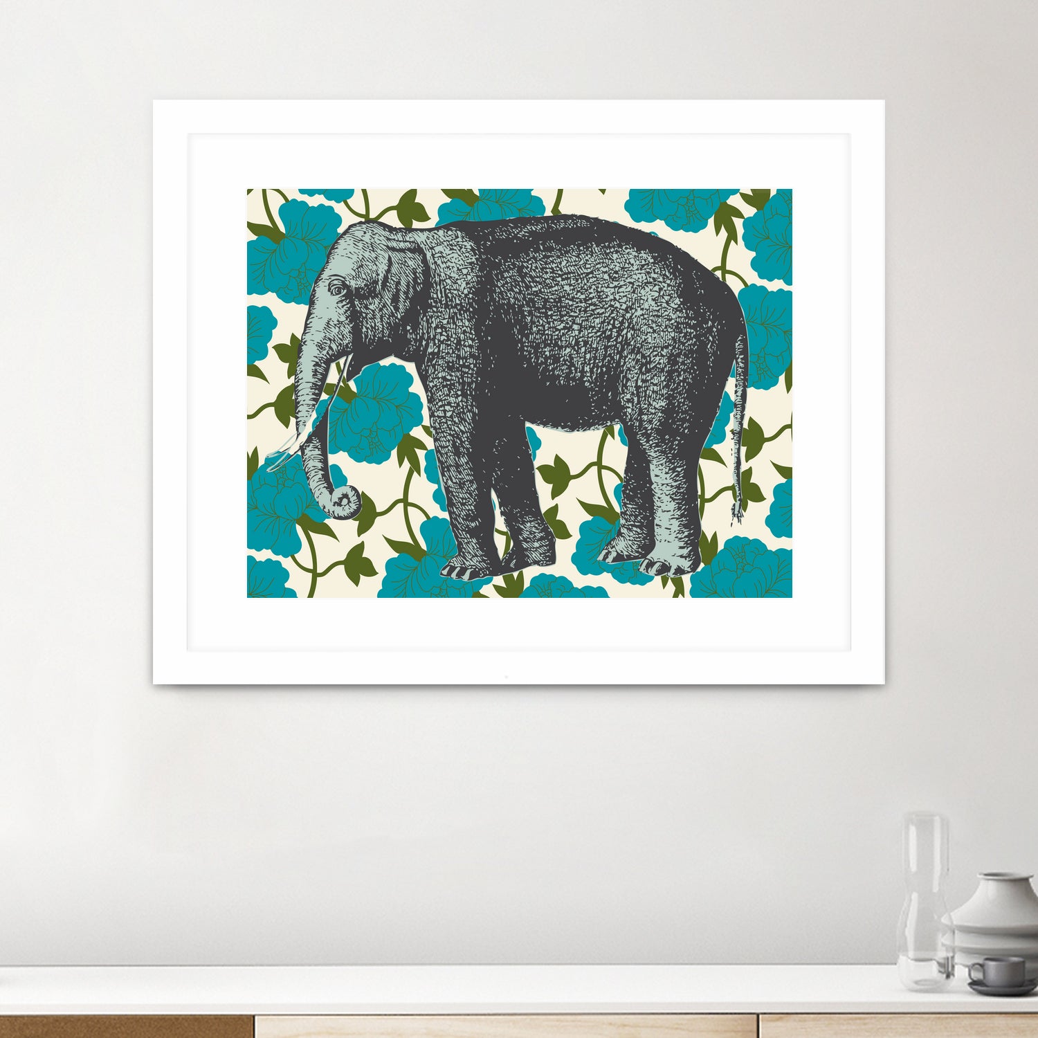 Elephant Floral Aqua by Thomas Fernez on GIANT ART - blue digital drawing