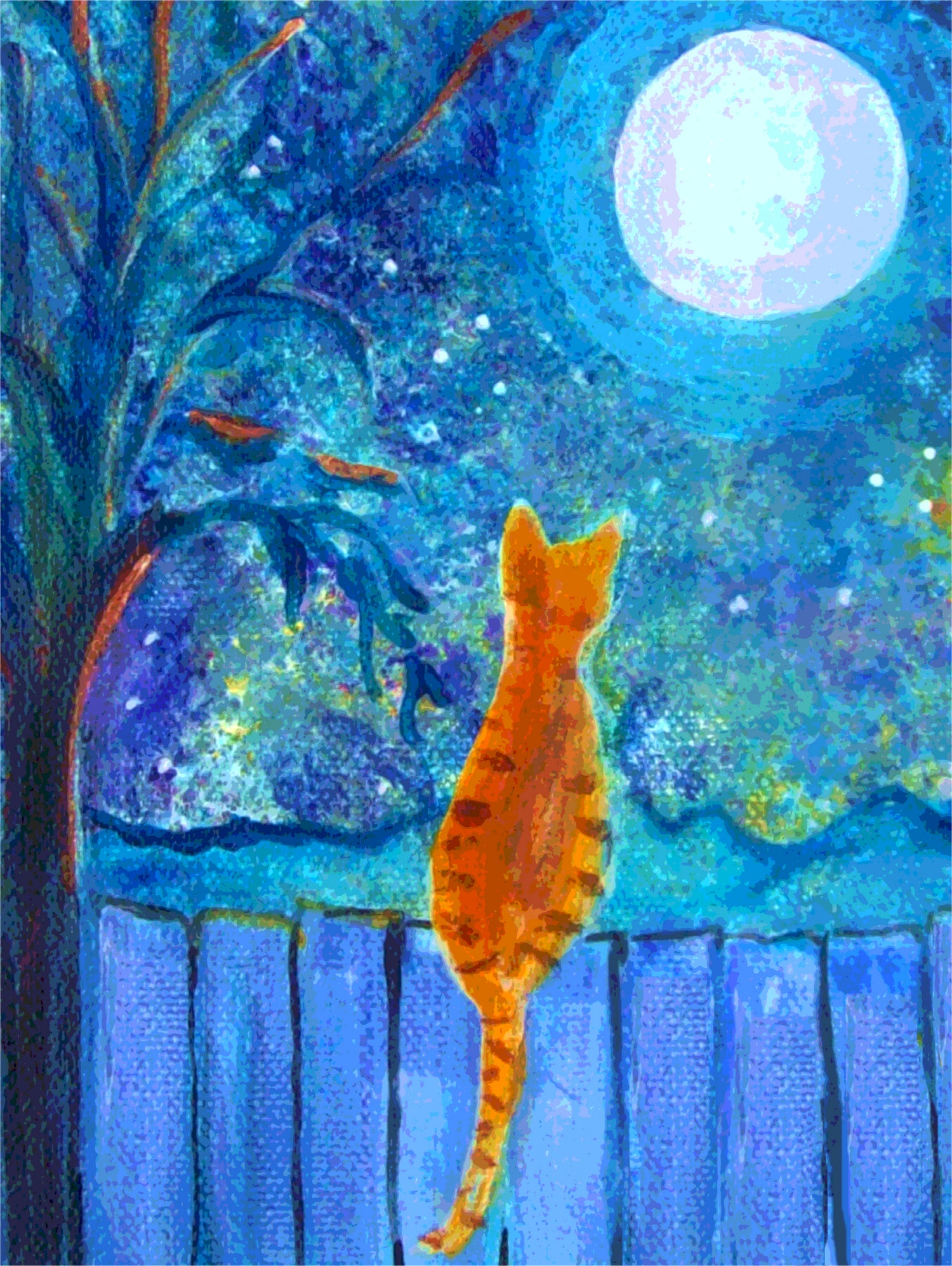 Cat on A Fence in the moonlight by Paintings by gretzky on GIANT ART - blue mixed media