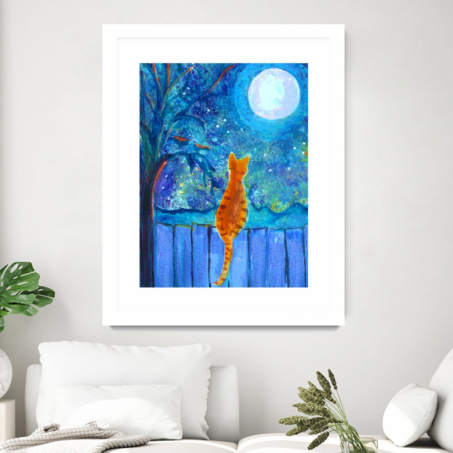 Cat on A Fence in the moonlight by Paintings by gretzky on GIANT ART - blue mixed media