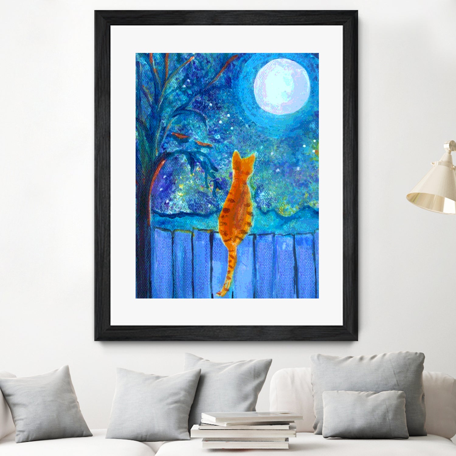 Cat on A Fence in the moonlight by Paintings by gretzky on GIANT ART - blue mixed media