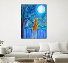 Cat on A Fence in the moonlight by Paintings by gretzky on GIANT ART - blue mixed media