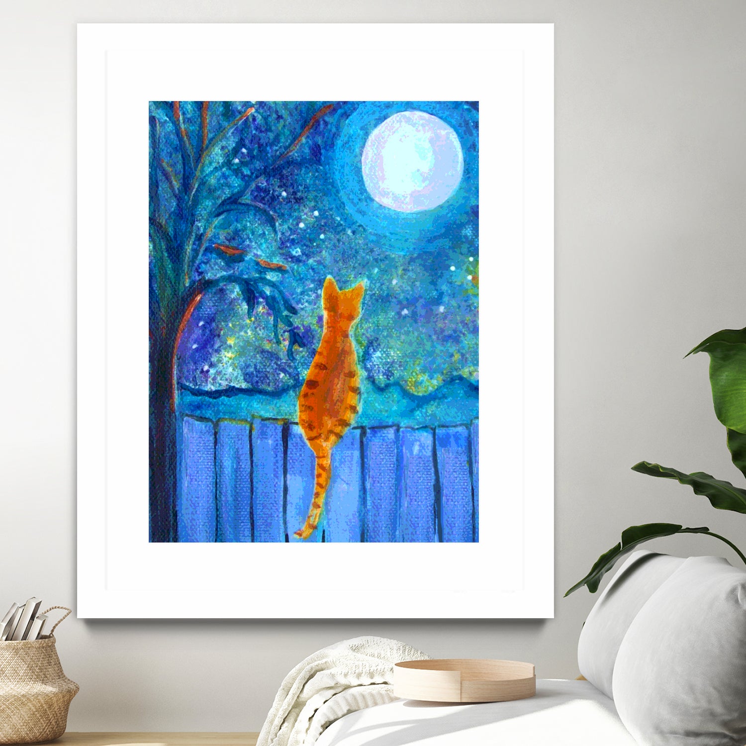 Cat on A Fence in the moonlight by Paintings by gretzky on GIANT ART - blue mixed media