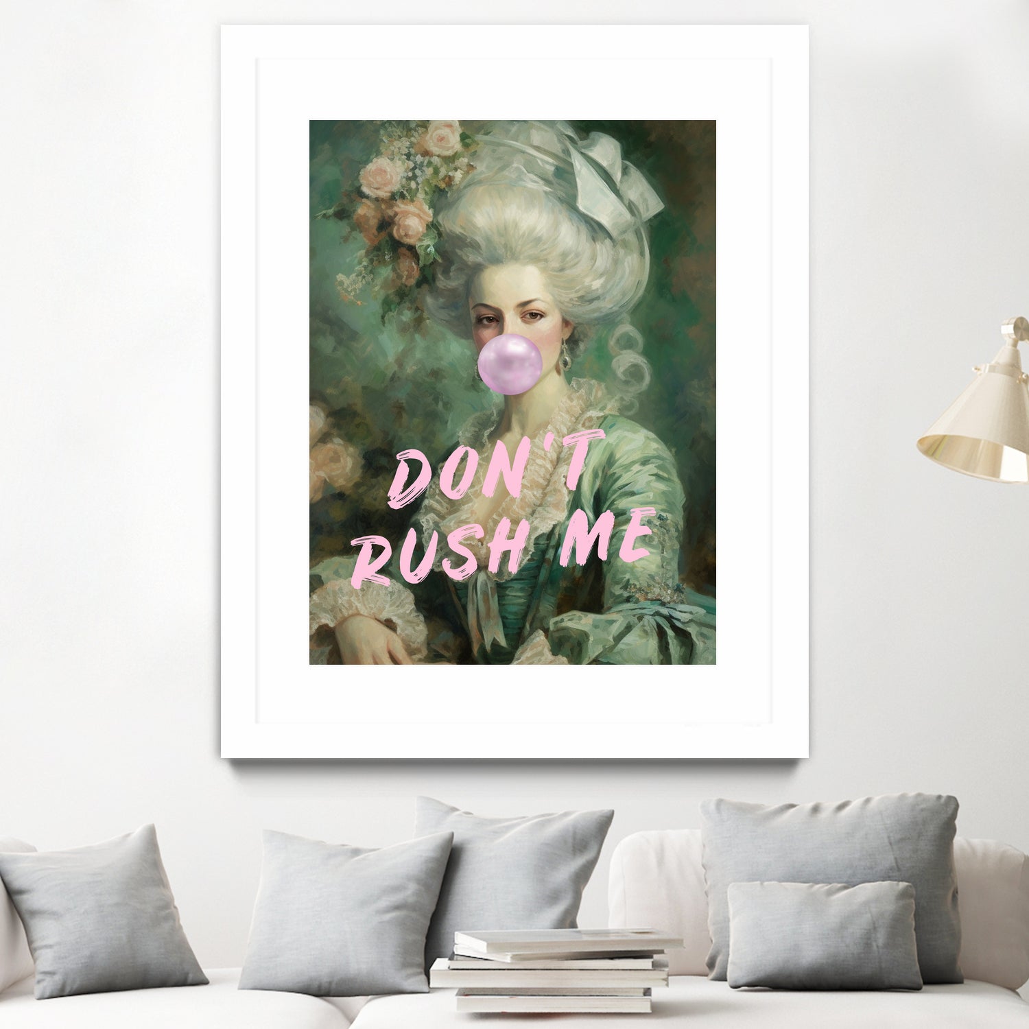 Marie Antoinette Dont Rush Me by Talitha McQueen on GIANT ART - pink contemporary  human face,flower,text,clothing,painting,doll,poster,person,fashion,flowers,flora,floral,botanical,flowers and plants,botanicals,word,words,painted,paint,painterly,people,portrait,figurative