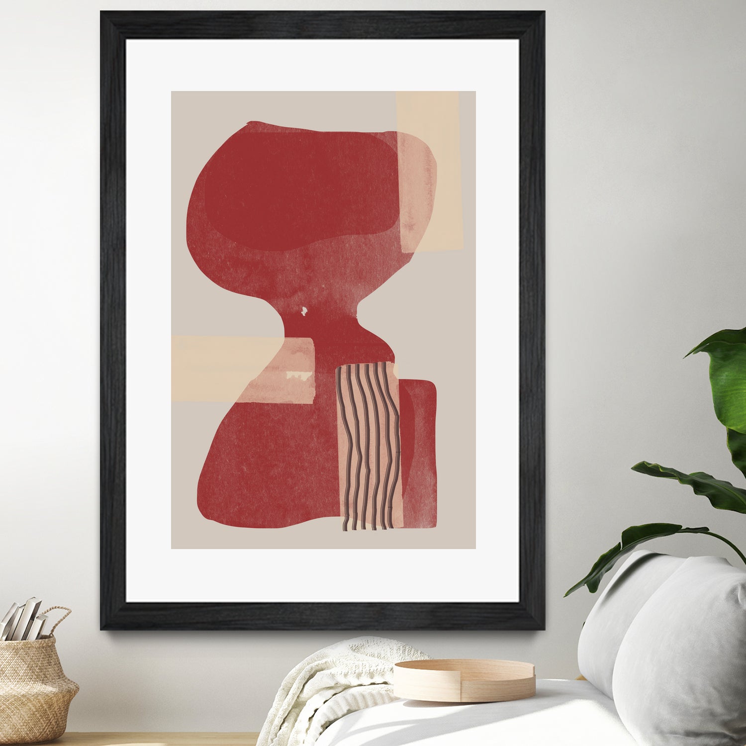 Crimson Harmony by THE MIUUS STUDIO  on GIANT ART - red shape  abstract, bold, white, grey, gray, calm, painting, print,  wallart,  wall art,  energetic, colourful, graphic print, illustration, soft, brush strokes, cute, prints, home decor, beige, black, drawing