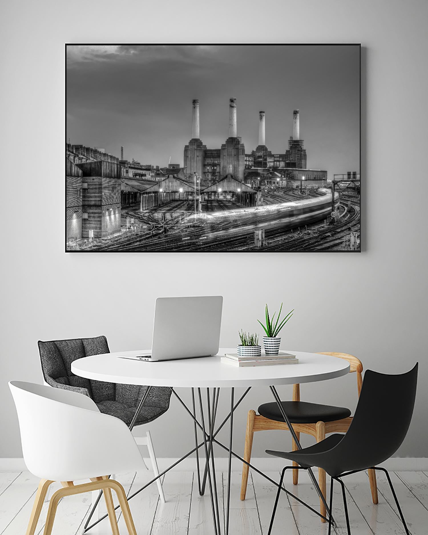 Trains pass Battersea Power Sation by Nick Jackson on GIANT ART - white city scene