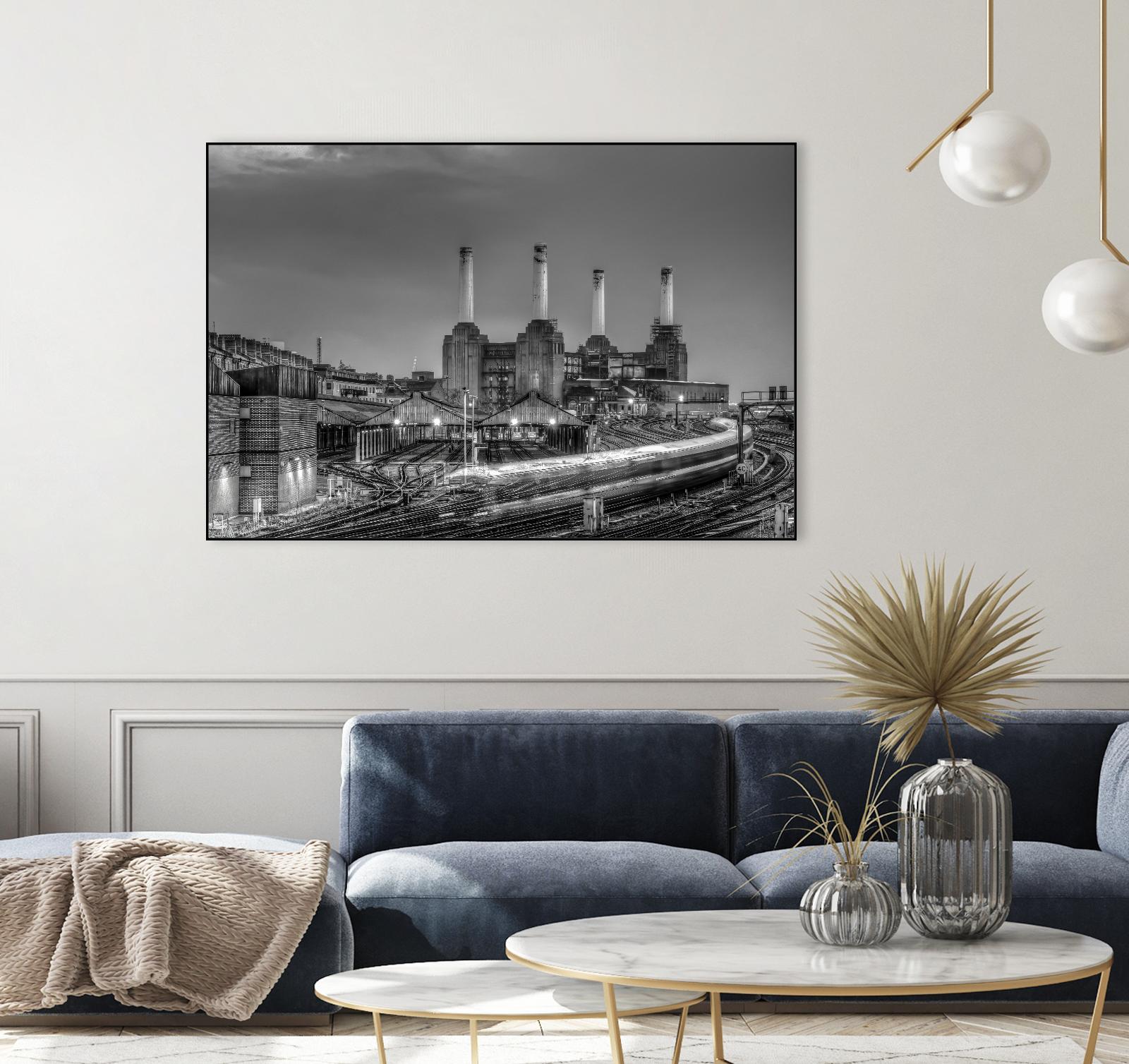 Trains pass Battersea Power Sation by Nick Jackson on GIANT ART - white city scene