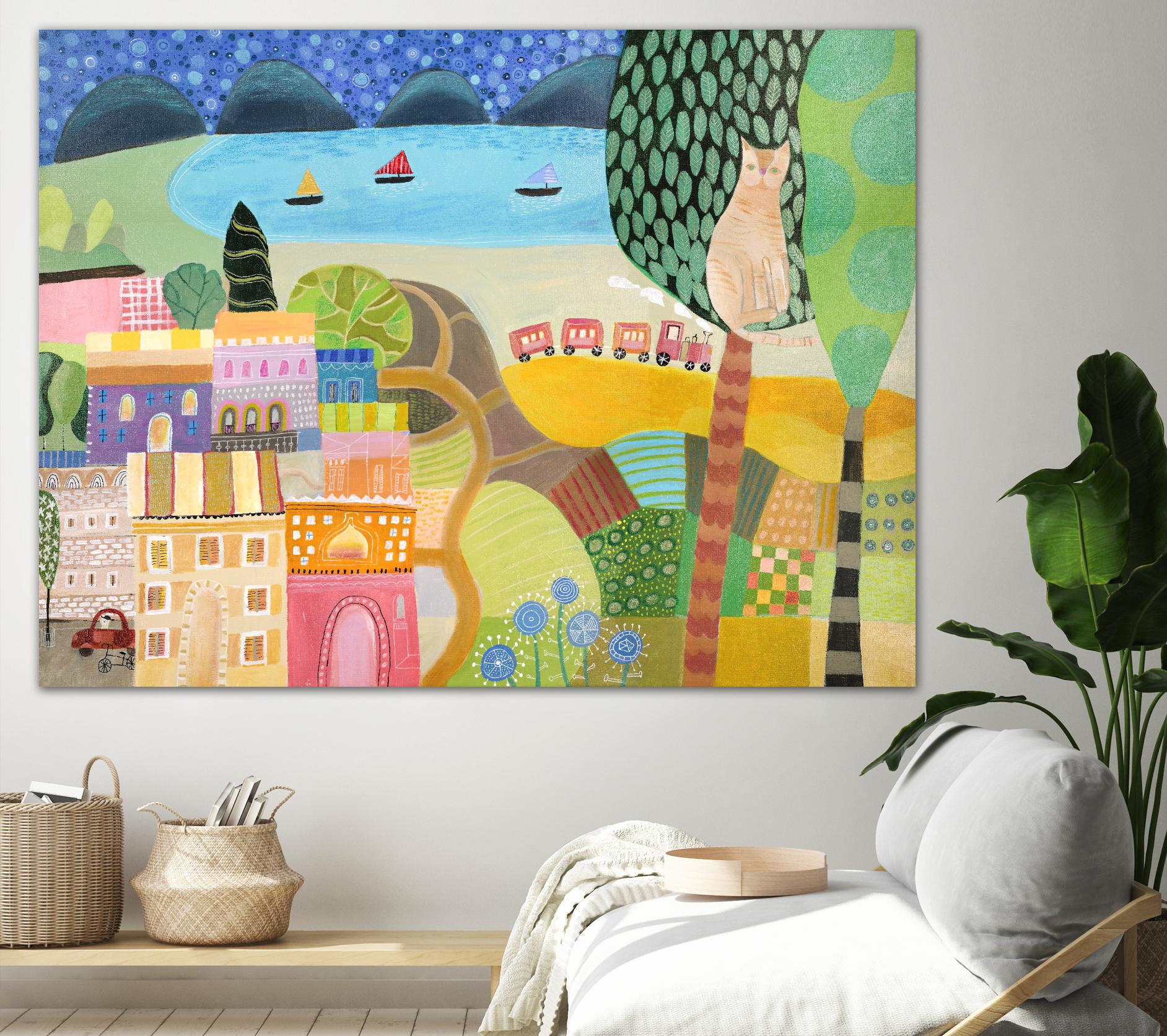 Village with Train by Nathaniel Mather on GIANT ART - green contemporary