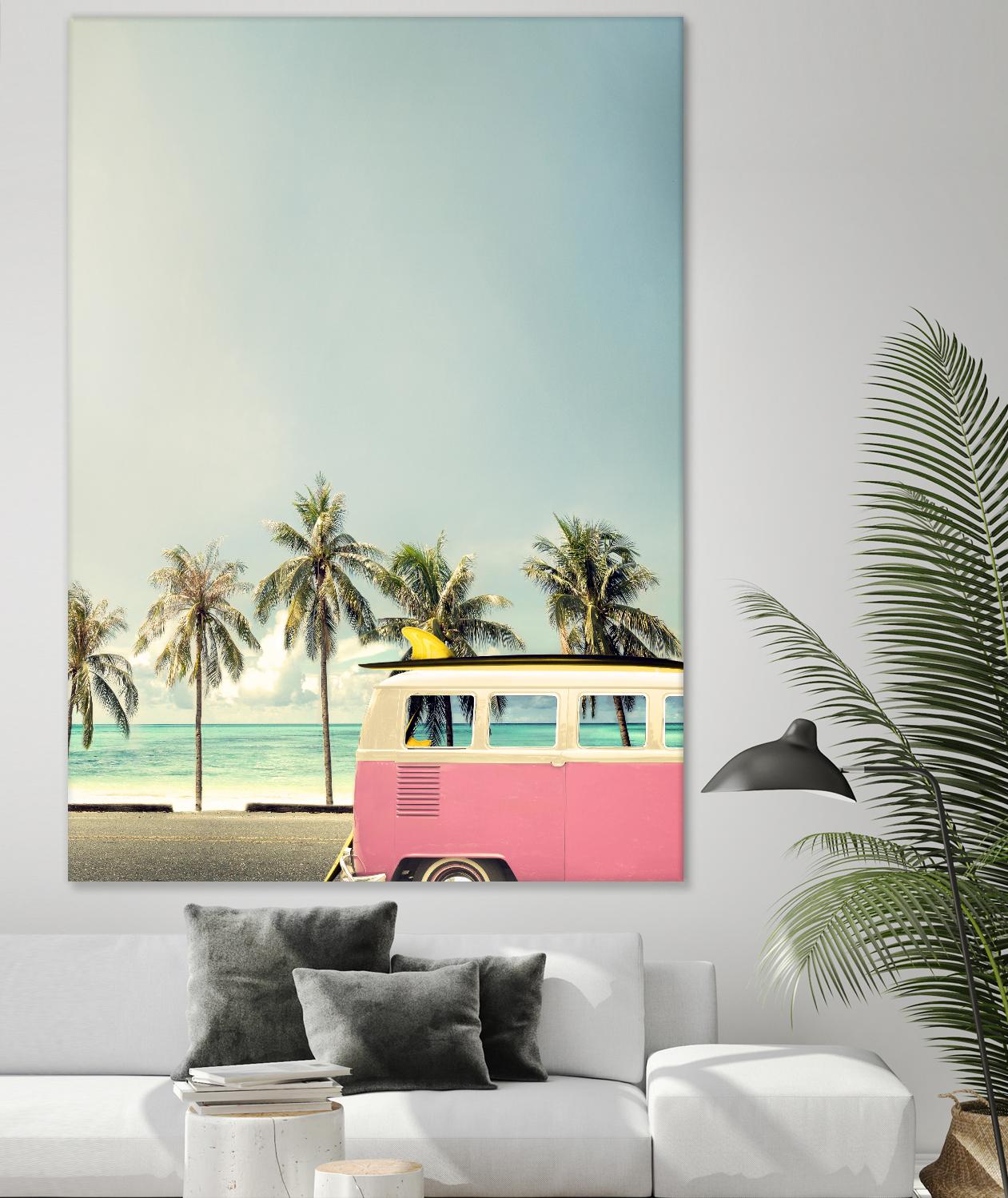 Surf Bus Pink by Design Fabrikken on GIANT ART - multi coastal, landscapes, photography, beaches, cars, ocean, palm trees, surfing, tropical, transportation