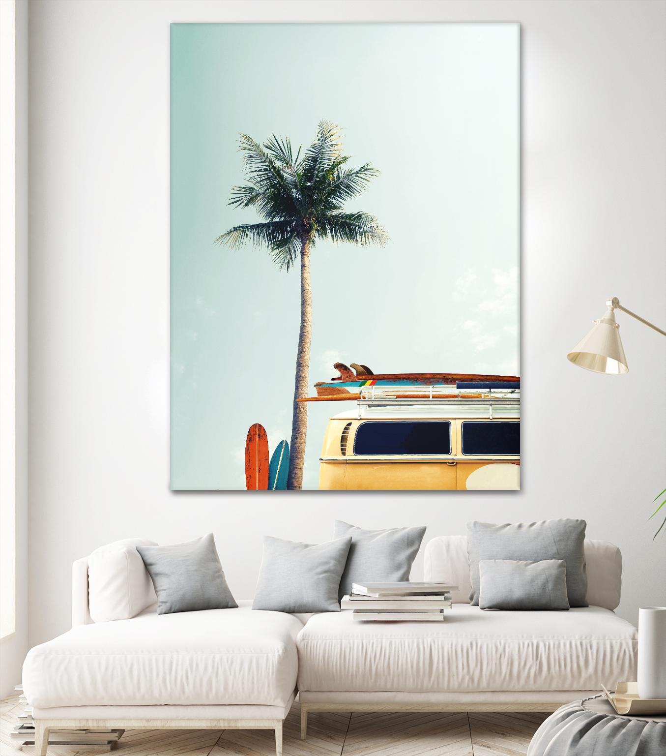 Surf Bus Yellow by Design Fabrikken on GIANT ART - multi coastal, landscapes, photography, beaches, cars, palm trees, surfing, tropical, transportation
