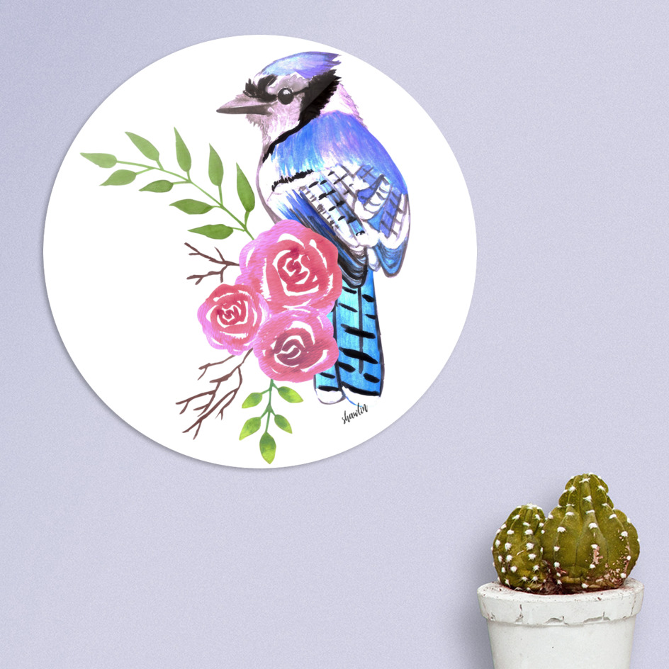 Blue jay bird with red roses and twigs watercolor Vector Image